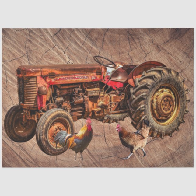 Antique Red Tractor Rooster Hen Tissue Paper (Front)