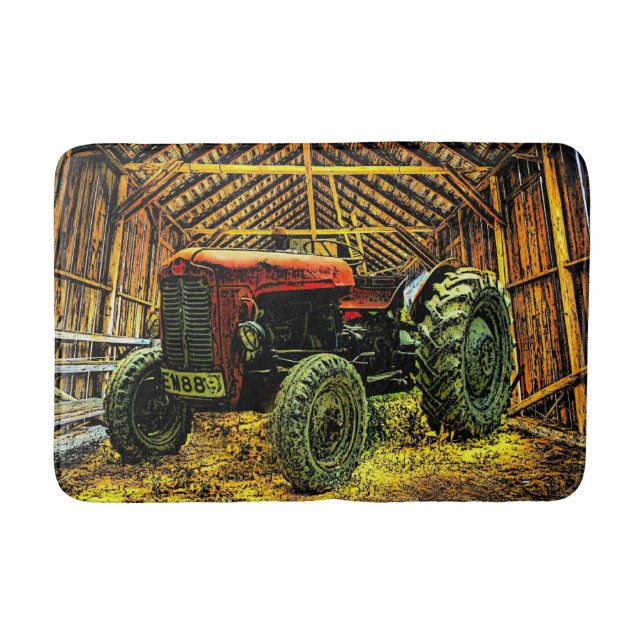 Antique Red Tractor Rustic Barn Bath Mat (Front)