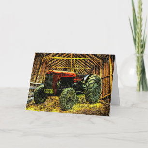 Antique Red Tractor Rustic Barn Card