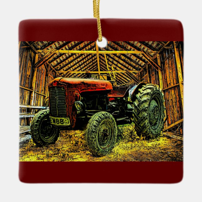 Antique Red Tractor Rustic Barn Ceramic Ornament (Front)