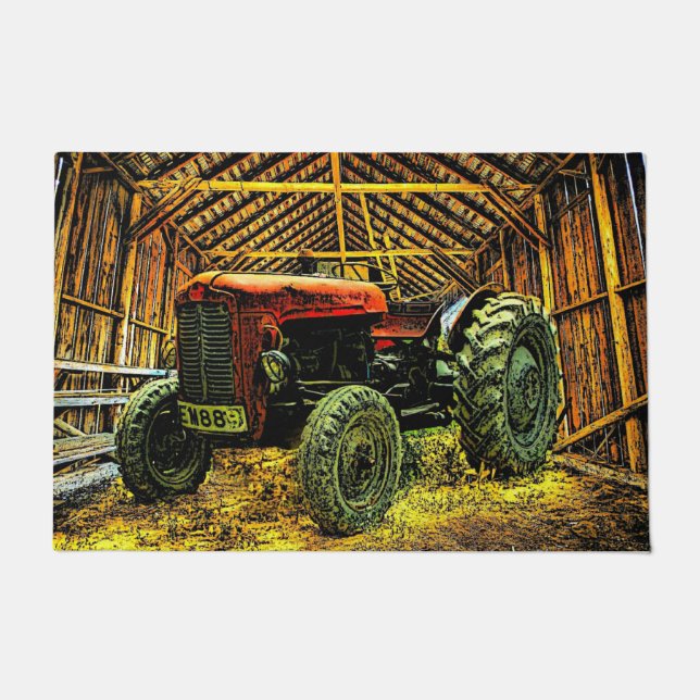 Antique Red Tractor Rustic Barn Doormat (Front)
