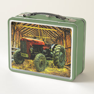 Antique Red Tractor Rustic Barn Metal Lunch Box