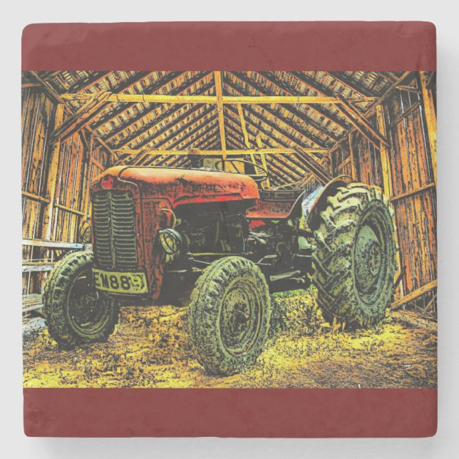 Antique Red Tractor Rustic Barn Stone Coaster (Front)