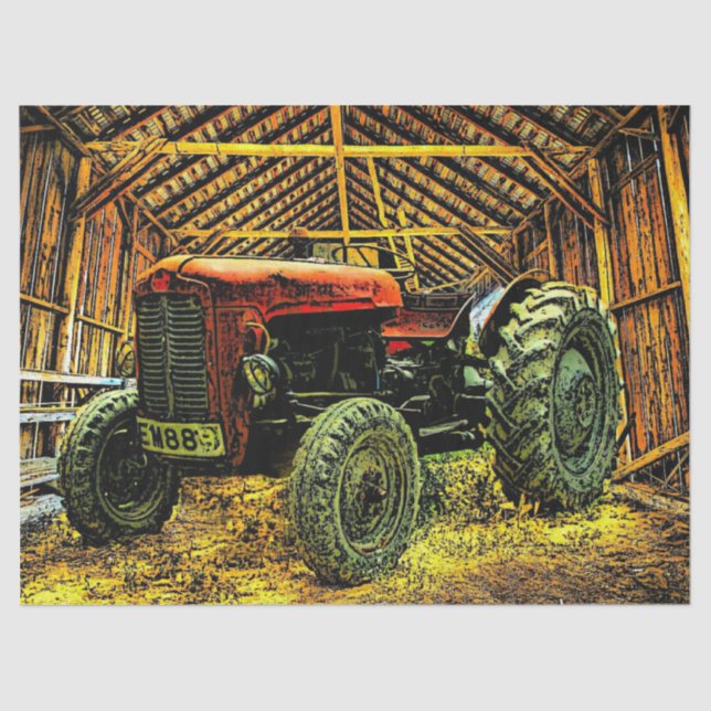 Antique Red Tractor Rustic Barn Tissue Paper (Front)