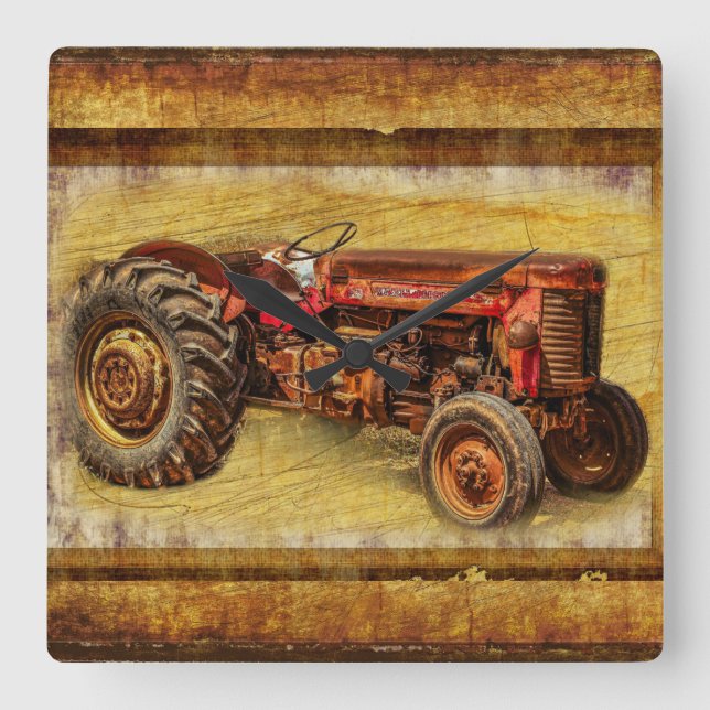 Antique Red Tractor Square Wall Clock (Front)
