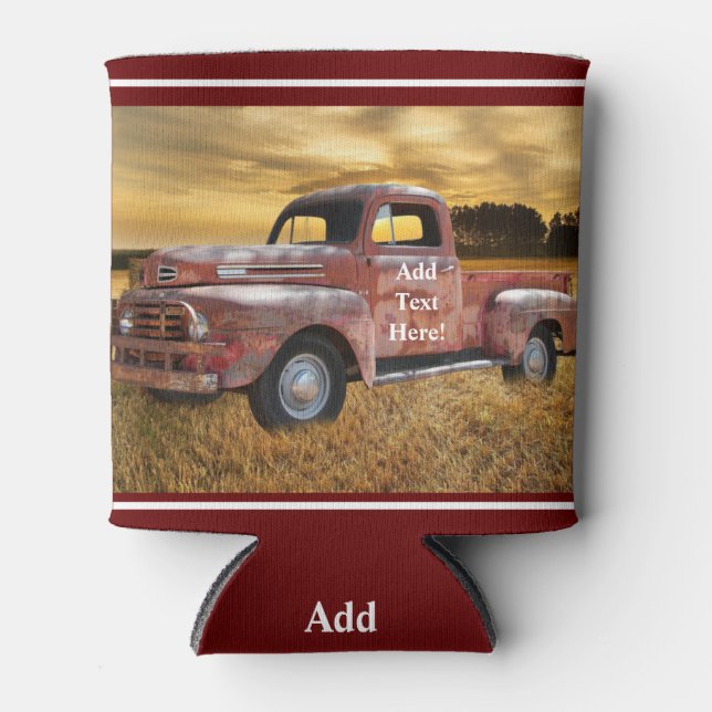 Antique Red Truck Farm Field Can Cooler (Front)
