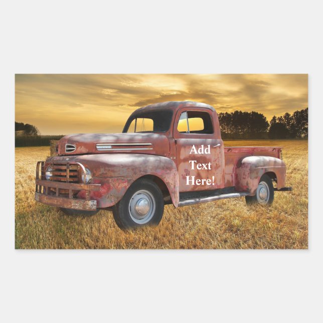 Antique Red Truck Farm Field Sunset Rectangular Sticker (Front)