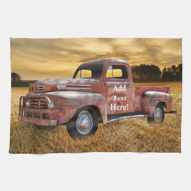 Antique Red Truck Farm Field Sunset Tea Towel (Horizontal)