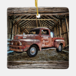Antique Red Truck In Rustic Barn Ceramic Ornament