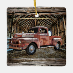 Antique Red Truck In Rustic Barn Ceramic Ornament