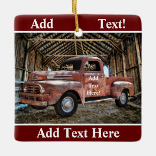 Antique Red Truck In Rustic Barn Ceramic Ornament