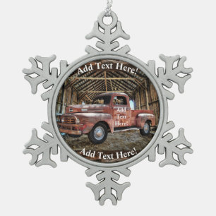 Antique Red Truck In Rustic Barn Snowflake Pewter Christmas Ornament