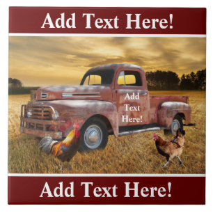 Antique Red Truck Rooster Hen Farm Field Sunset Tile