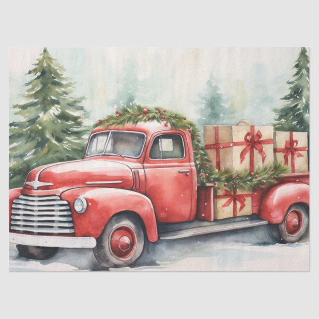 Antique Red Truck with Christmas Trees in Snow Tissue Paper (Front)