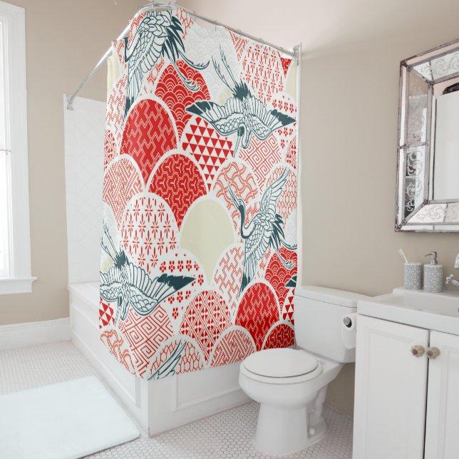 Antique Red White Japanese Kimono Crane Bird Shower Curtain (In Situ)