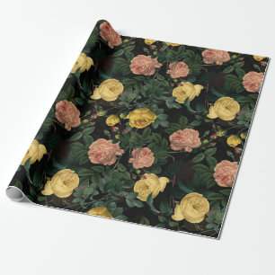 Antique Redouté Roses Pattern on black Wrapping Paper
