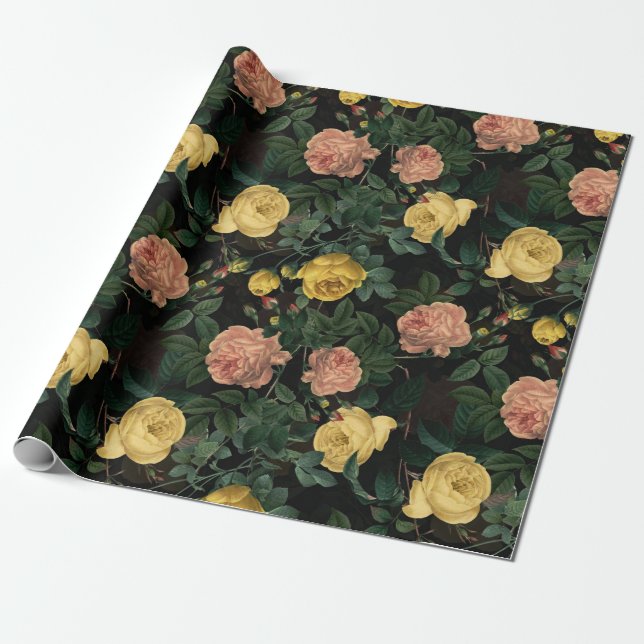 Antique Redouté Roses Pattern on black Wrapping Paper (Unrolled)