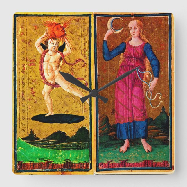 ANTIQUE RENAISSANCE TAROTS / THE SUN AND THE MOON SQUARE WALL CLOCK (Front)