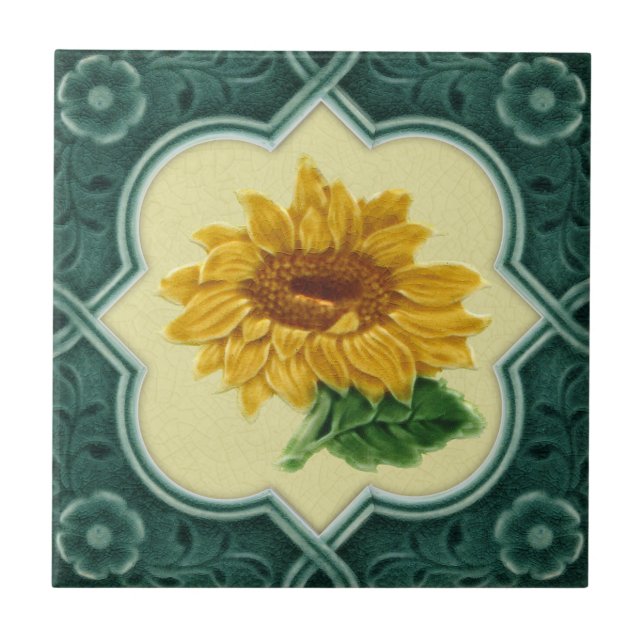 Antique Repro Faux Relief Teal Framed Sunflower Tile (Front)