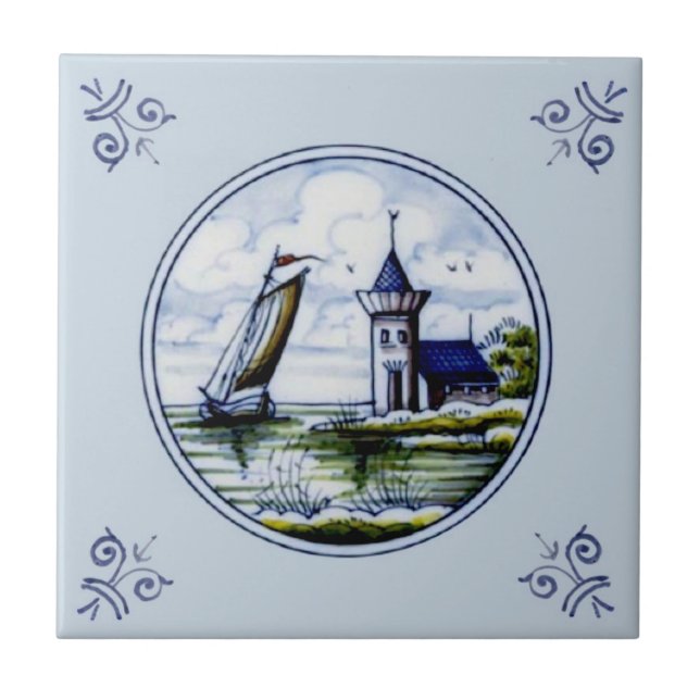 Antique Repro Scenic Delft Blue Multicolor Tile (Front)