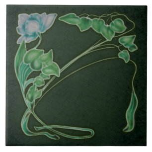 Antique Reproduction Dk Green Art Nouveau Floral Tile