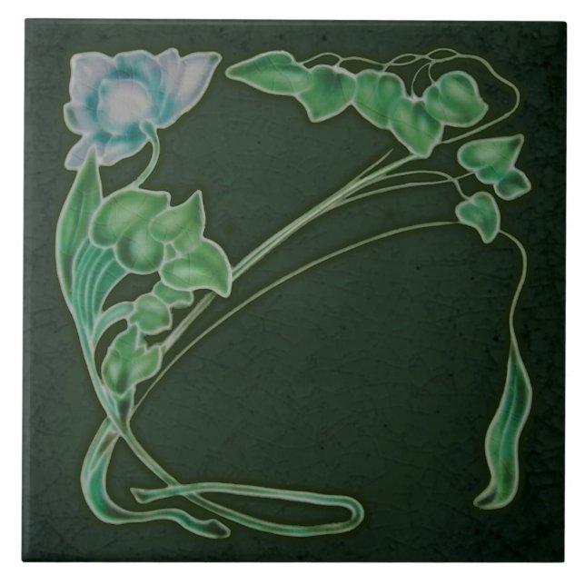 Antique Reproduction Dk Green Art Nouveau Floral Tile (Front)