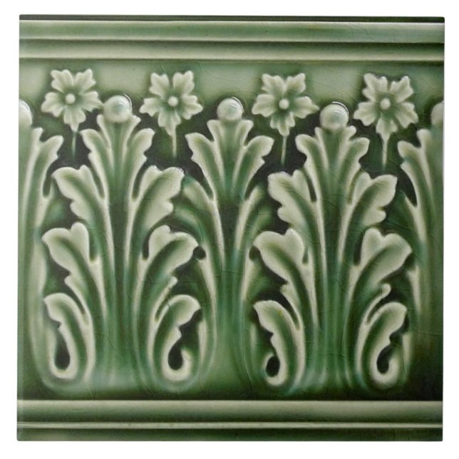 Antique Reproduction Green Acanthus Floral Border Tile (Front)