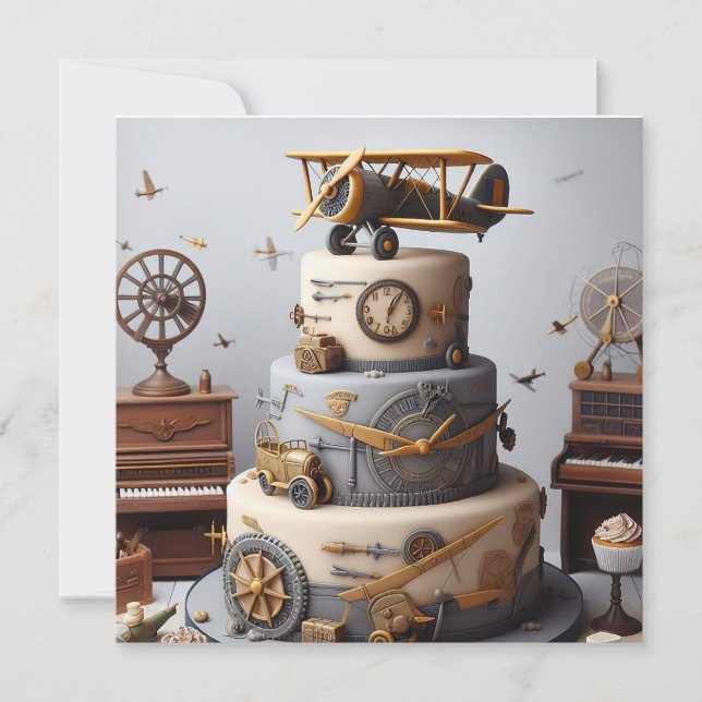 ANTIQUE RETRO AIRPLANE CAKE BIRTHDAY CARD (Front)