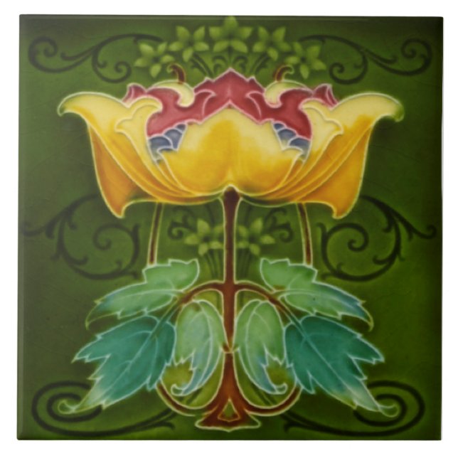 Antique Rhodes c1900 Art Nouveau Majolica Floral Tile (Front)