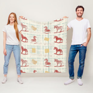 Antique Rocking Horse Teal Plaid Pattern Fleece Blanket