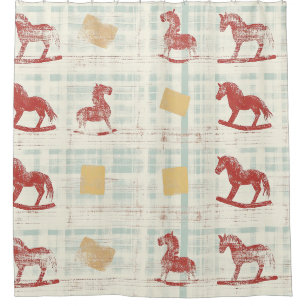 Antique Rocking Horse Teal Plaid Pattern Shower Curtain