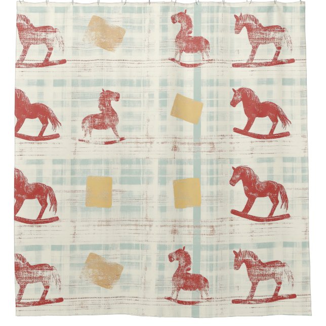 Antique Rocking Horse Teal Plaid Pattern Shower Curtain (Front)