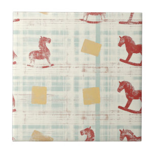 Antique Rocking Horse Teal Plaid Pattern Tile