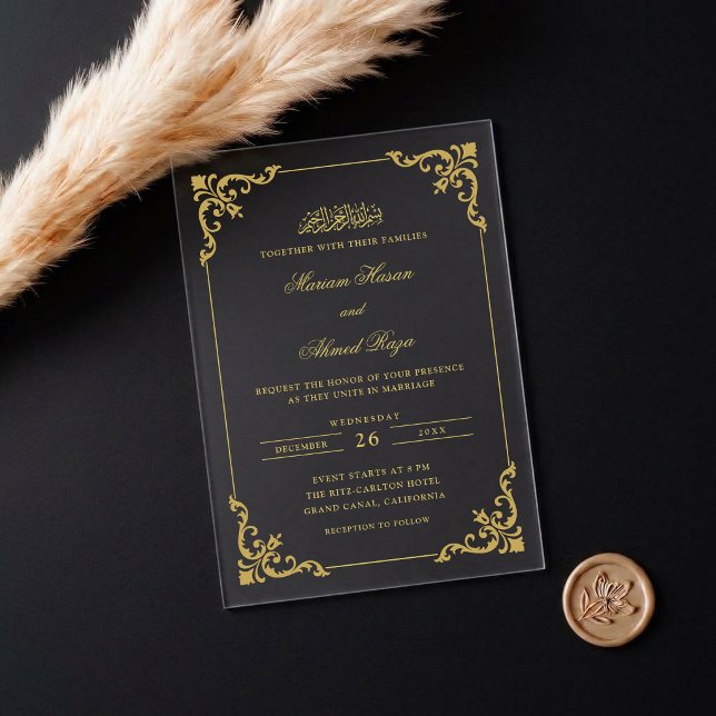 Antique Rococo Frame Gold Script Muslim Wedding Acrylic Invitations (Creator Uploaded)