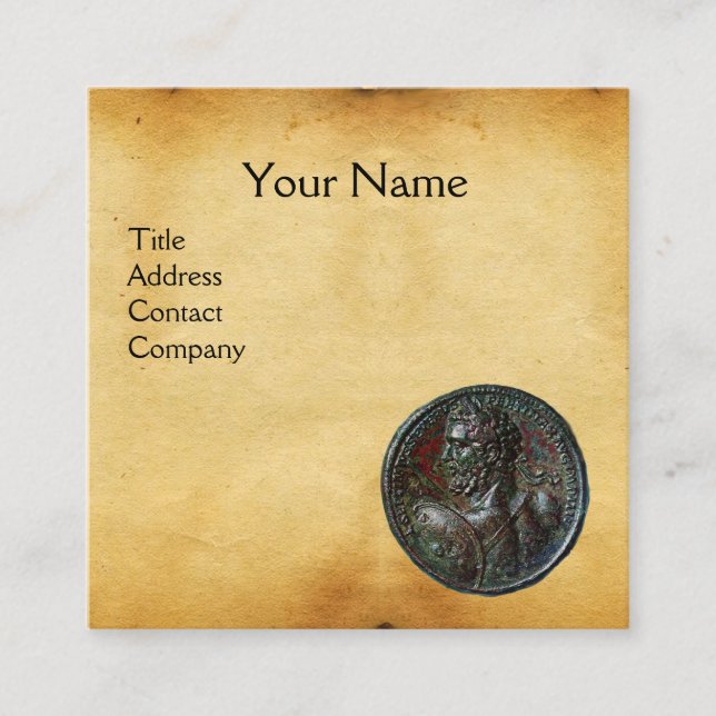 ANTIQUE ROMAN BRONZE MEDALLION  Brown Parchment Square Business Card (Front)