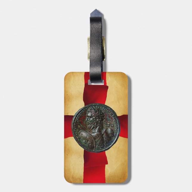 ANTIQUE ROMAN BRONZE MEDALLION Red Ribbon Luggage Tag (Back Vertical)