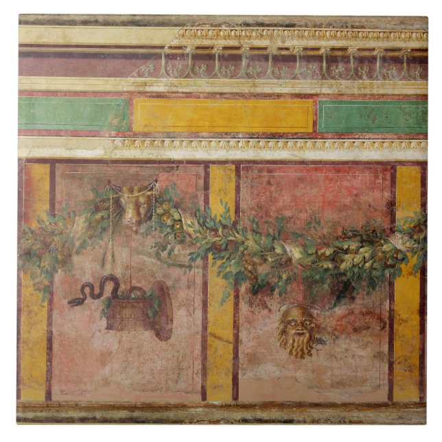 ANTIQUE ROMAN FRESCO,SATYR MASK,GARLAND,FRUITS  TILE (Front)