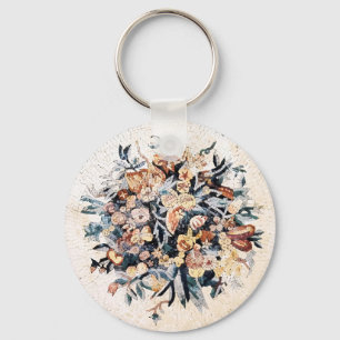 Antique Roman Italian Elegant Floral Mosaic Brown Key Ring