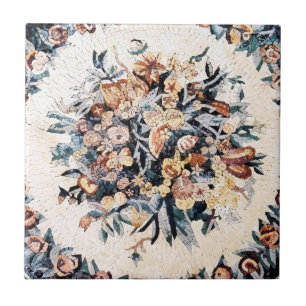 Antique Roman Italian Elegant Floral Mosaic Brown Tile