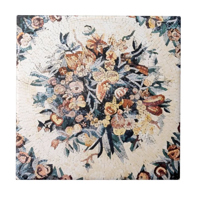 Antique Roman Italian Elegant Floral Mosaic Brown  Tile (Front)