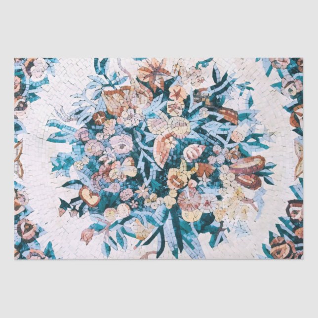 Antique Roman Italian Floral Mosaic Blue Decoupage Tissue Paper (Front)