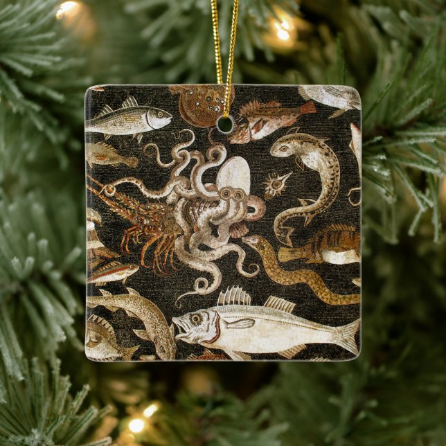 Antique Roman Mosaic Pompeii Sea Life Stone Mosaic Ceramic Ornament (Tree)