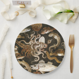 Antique Roman Mosaic Pompeii Sea Life Stone Mosaic Paper Plate