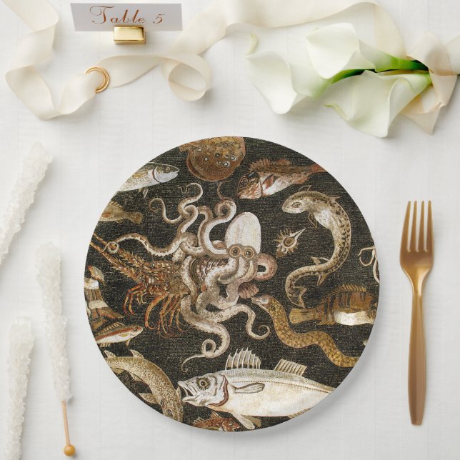 Antique Roman Mosaic Pompeii Sea Life Stone Mosaic Paper Plate (Wedding)