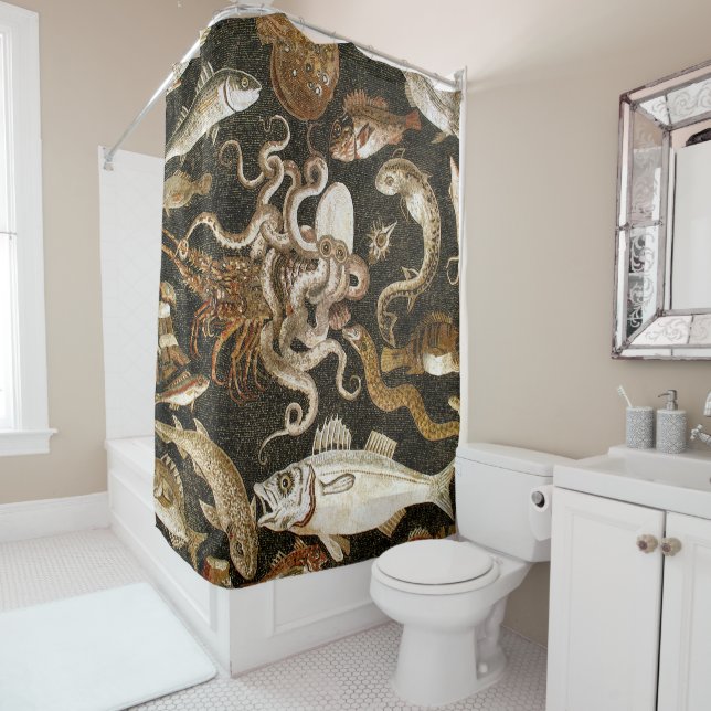 Antique Roman Mosaic Pompeii Sea Life Stone Mosaic Shower Curtain (In Situ)