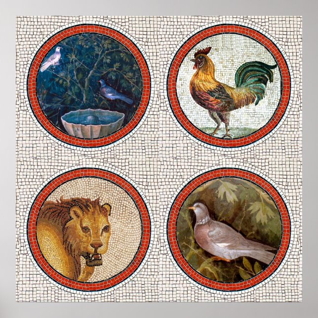 ANTIQUE ROMAN MOSAICS BIRDS ,ROOSTER AND LION POSTER (Front)