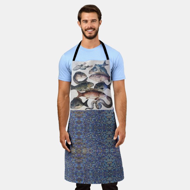 ANTIQUE ROMAN MOSAICS,FISHES,OCEAN SEA LIFE SCENE APRON (Worn)