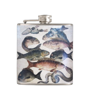 ANTIQUE ROMAN MOSAICS, FISHES,OCEAN SEA LIFE SCENE HIP FLASK