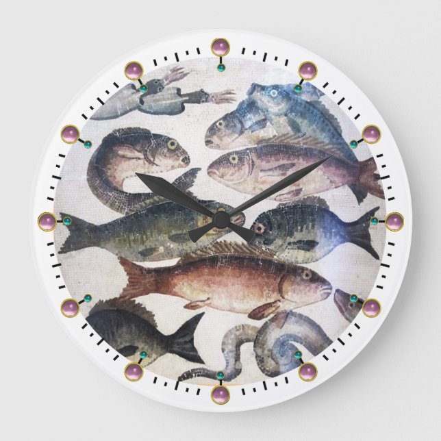 ANTIQUE ROMAN MOSAICS, FISHES,OCEAN SEA LIFE SCENE LARGE CLOCK (Front)