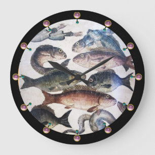 ANTIQUE ROMAN MOSAICS, FISHES,OCEAN SEA LIFE SCENE LARGE CLOCK